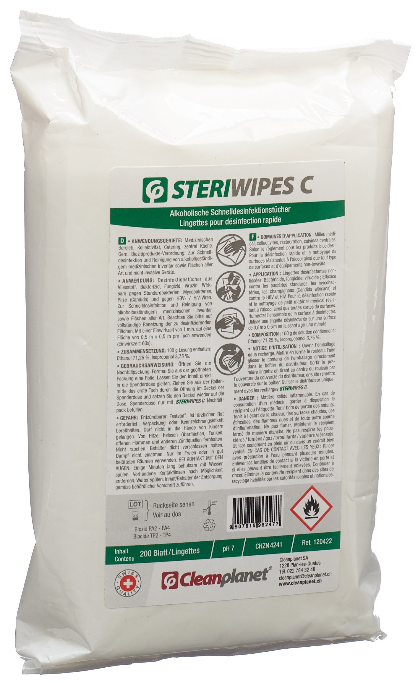 Cleanplanet SteriWipes C Desinfektionstücher Nachfüllpack (200 Stück)